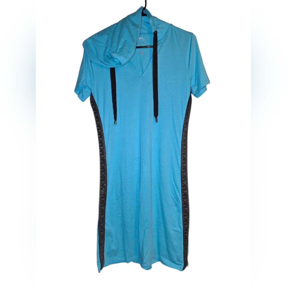 MICHAEL KORS Blue & Black Lightweight Short Sleeve Logo  Hoodie Dress - Small